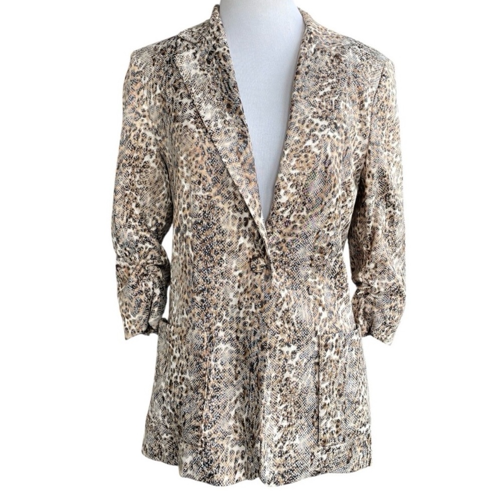 Alberto Makali Leopard Print Blazer Women 6 Ruched 3/4 Sleeve USA Vintage Jacket